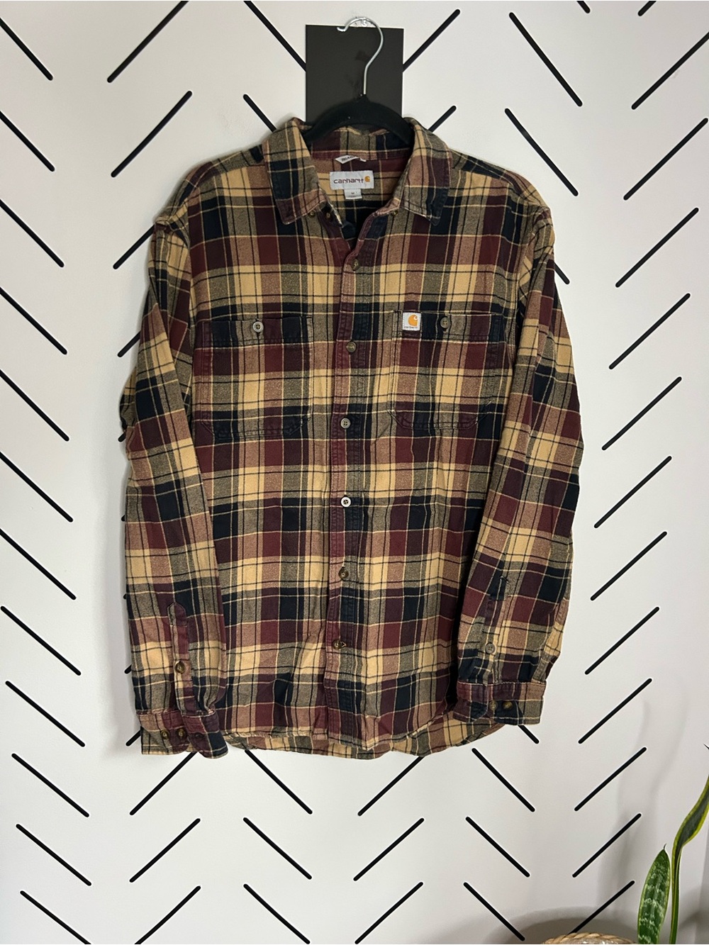 CARHARTT Mens Shirt Relaxed Fit Red/Black/Yellow Plaid Flannel Logo Pocket
